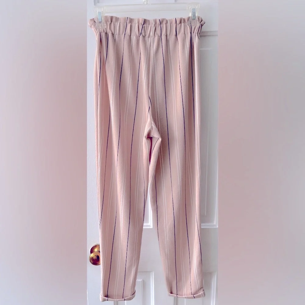 No Comment Pinstripe Gathered Waist Tie Belt Salmon Pink Pinstripe Dress Pants - Picture 3 of 9